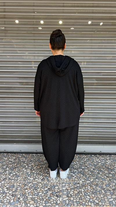 Selma Büyük Beden Taş Detaylı Fermuarlı Oversize Siyah Takım