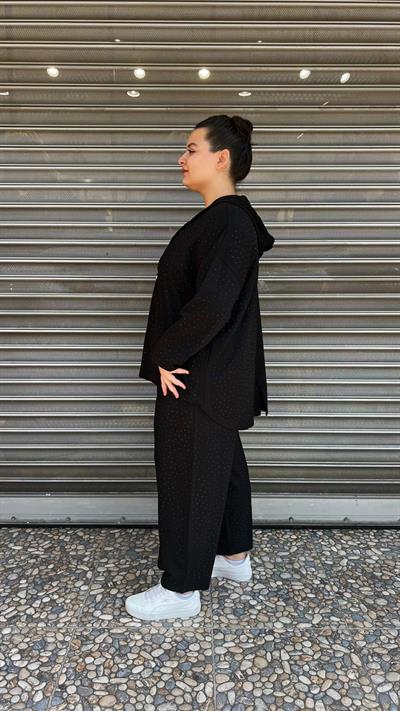 Selma Büyük Beden Taş Detaylı Fermuarlı Oversize Siyah Takım