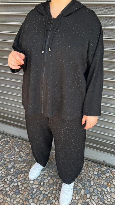 Selma Büyük Beden Taş Detaylı Fermuarlı Oversize Siyah Takım