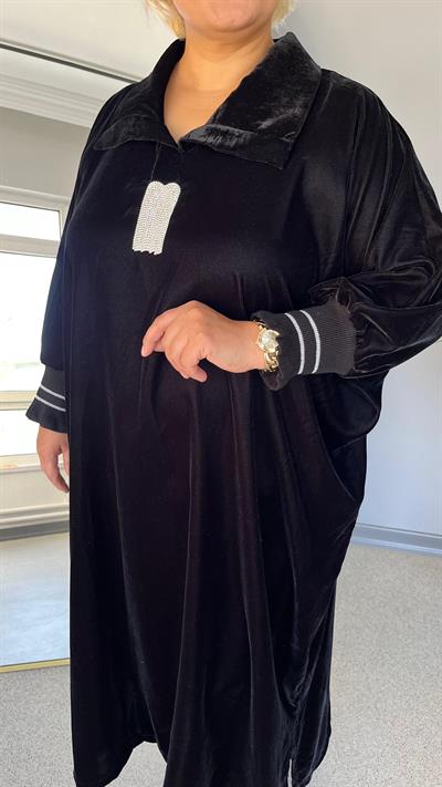 Selma Büyük Beden Taş Detaylı Kadife Elbise