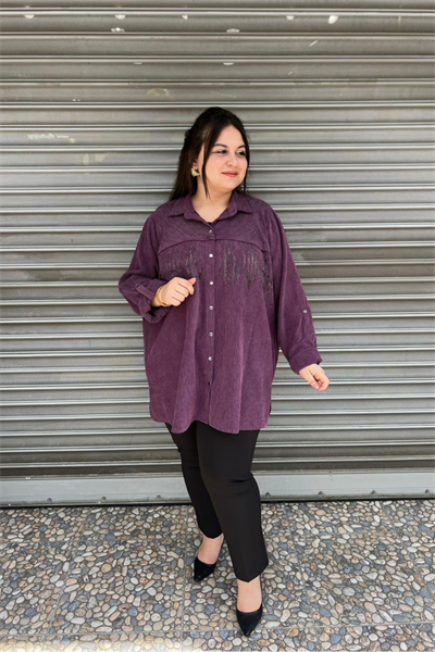 Selma Büyük Beden Taş İşlemeli Fitilli Gömlek