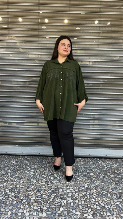 Selma Büyük Beden Taş İşlemeli Fitilli Gömlek