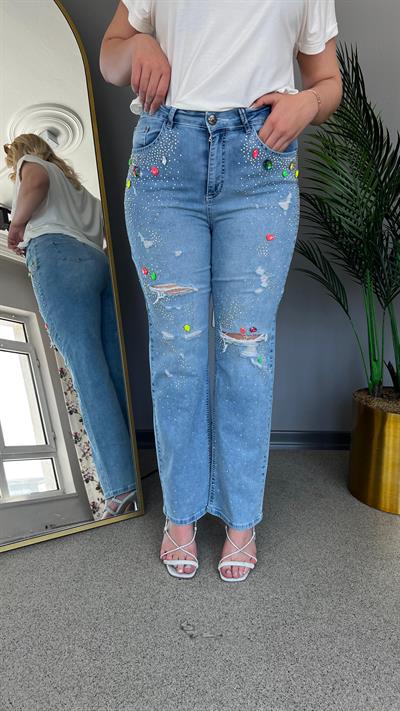 Selma Büyük Beden Taş İşlemeli Kot Pantolon