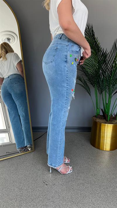 Selma Büyük Beden Taş İşlemeli Kot Pantolon