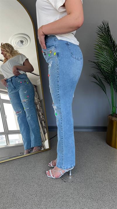 Selma Büyük Beden Taş İşlemeli Kot Pantolon