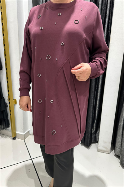 Selma Büyük Beden Taş İşlemeli Nervürlü Premium Oysho Kumaş Tunik