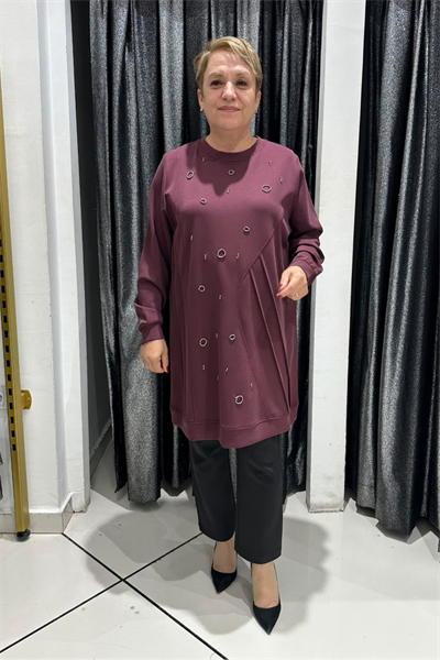 Selma Büyük Beden Taş İşlemeli Nervürlü Premium Oysho Kumaş Tunik
