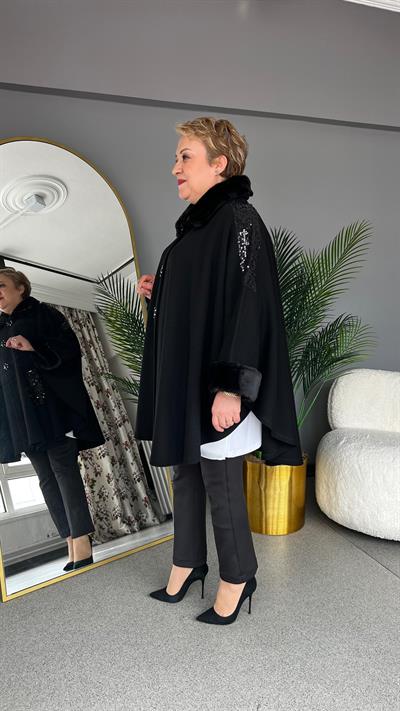 Selma Büyük Beden Taş İşlemeli Pelerin/Panço