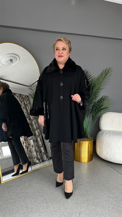 Selma Büyük Beden Taş İşlemeli Pelerin/Panço