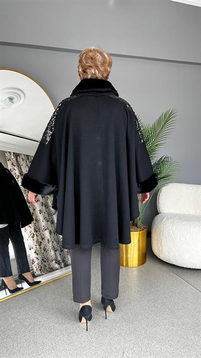 Selma Büyük Beden Taş İşlemeli Pelerin/Panço