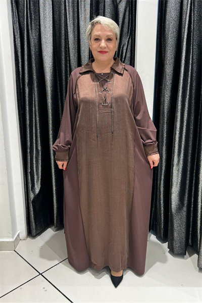 Selma Büyük Beden Taşlı Bağcık Detaylı Elbise