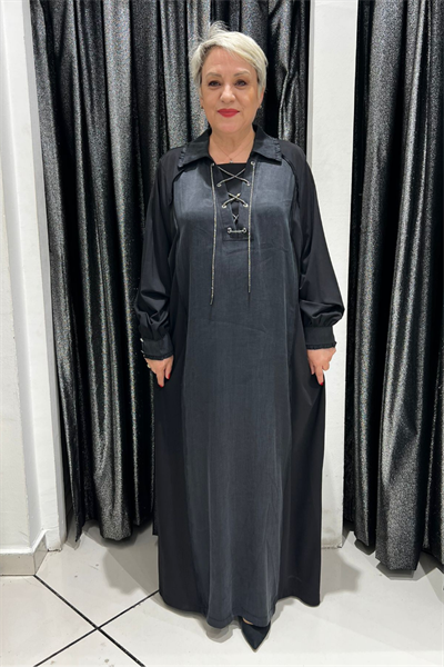 Selma Büyük Beden Taşlı Bağcık Detaylı Elbise