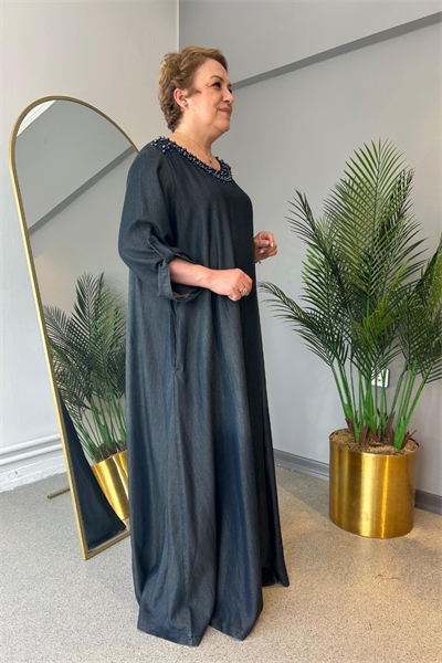 Selma Büyük Beden Taşlı Tensel Kot Elbise