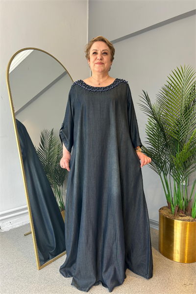 Selma Büyük Beden Taşlı Tensel Kot Elbise