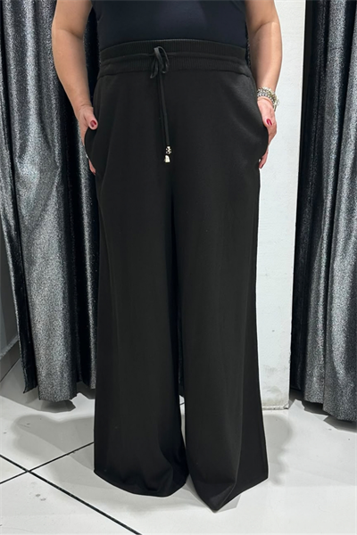 Selma Büyük Beden Triko Kumaş Beli Bağcıklı Geniş Paça Pantolon