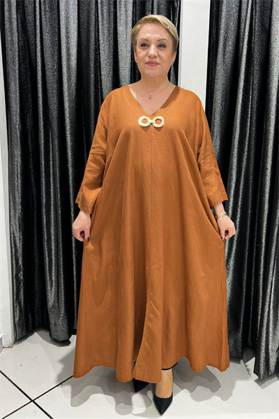 Selma Büyük Beden V Yaka Keten Elbise