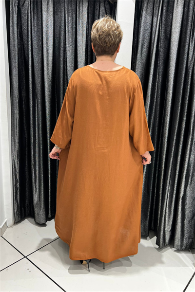 Selma Büyük Beden V Yaka Keten Elbise