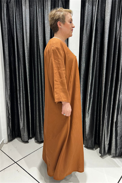 Selma Büyük Beden V Yaka Keten Elbise
