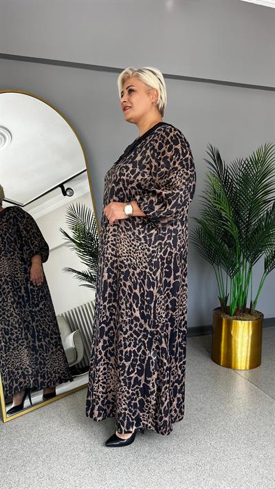 Selma Büyük Beden Yaka Dantel Leopar Elbise