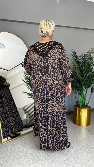 Selma Büyük Beden Yaka Dantel Leopar Elbise