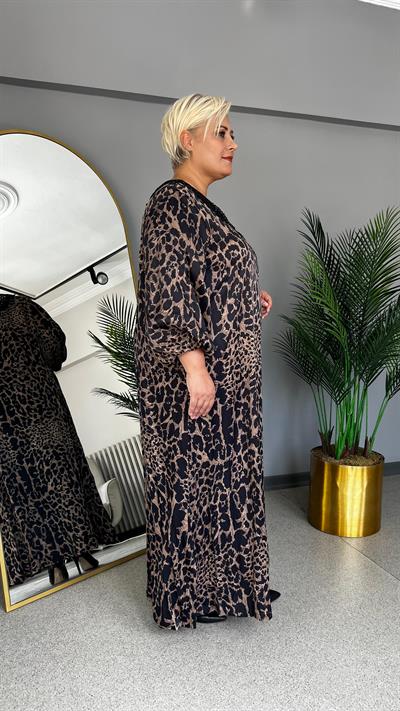 Selma Büyük Beden Yaka Dantel Leopar Elbise