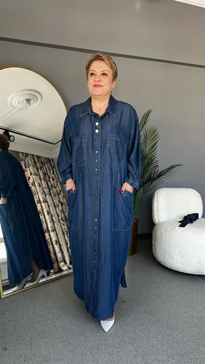 Selma Büyük Beden Yakalı Kot Elbise