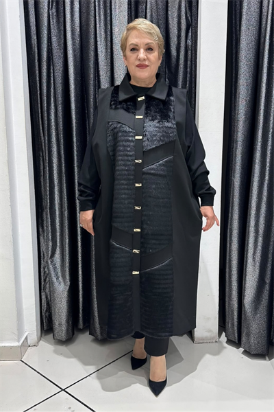 Selma Büyük Beden Yakalı Kürk Detaylı Çıtçıt Kapamalı Yelek