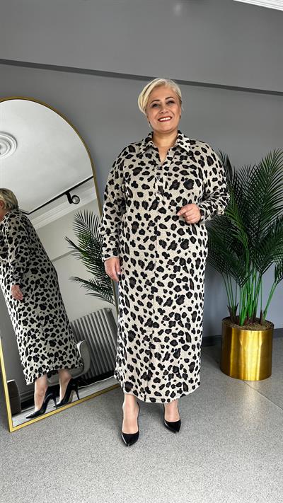 Selma Büyük Beden Yakalı Yarım Patlı Leopar Elbise