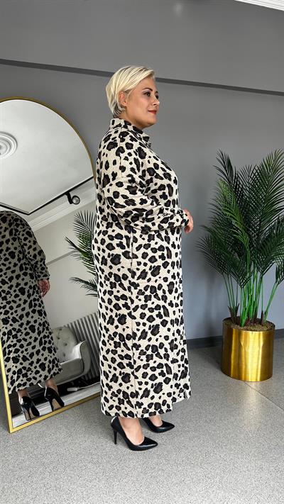 Selma Büyük Beden Yakalı Yarım Patlı Leopar Elbise