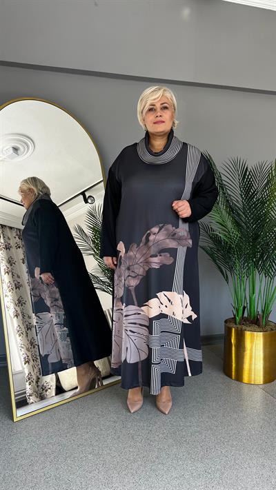 Selma Büyük Beden Yaprak Desen Baskılı Elbise
