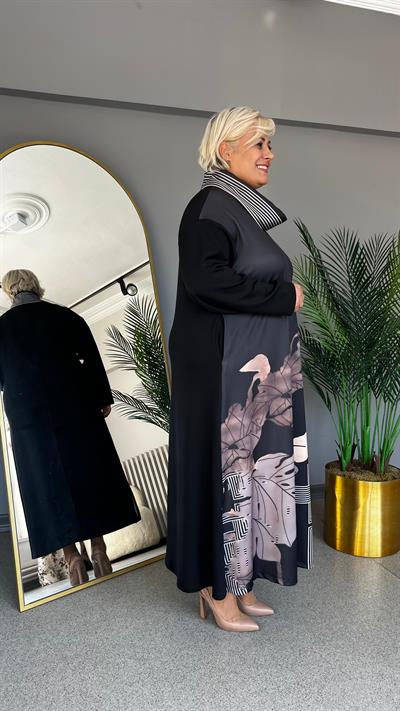 Selma Büyük Beden Yaprak Desen Baskılı Elbise