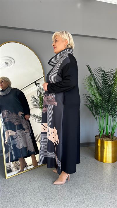 Selma Büyük Beden Yaprak Desen Baskılı Elbise