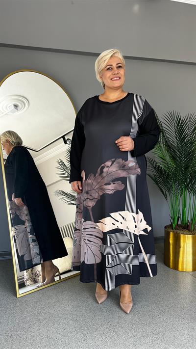 Selma Büyük Beden Yaprak Desen Baskılı Elbise