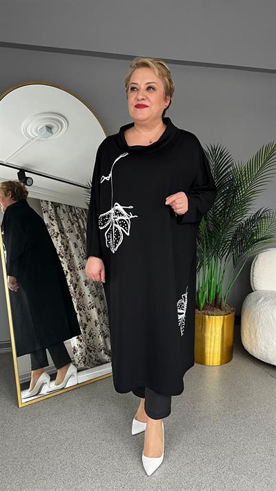 Selma Büyük Beden Yaprak Desen İşlemeli Elbise