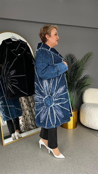 Selma Büyük Beden Yaprak Desenli Kot Ceket