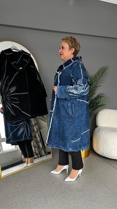 Selma Büyük Beden Yaprak Desenli Kot Ceket