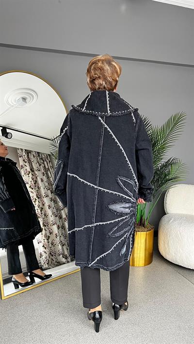 Selma Büyük Beden Yaprak Desenli Kot Ceket