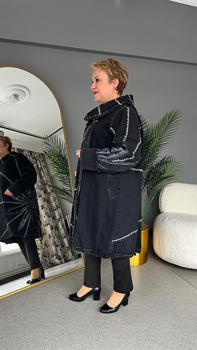 Selma Büyük Beden Yaprak Desenli Kot Ceket