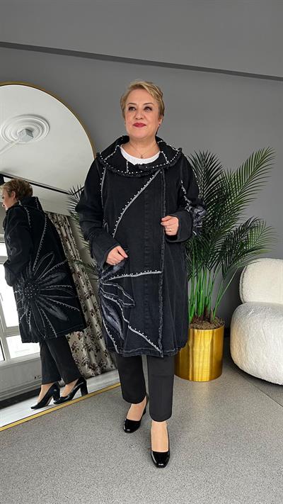 Selma Büyük Beden Yaprak Desenli Kot Ceket