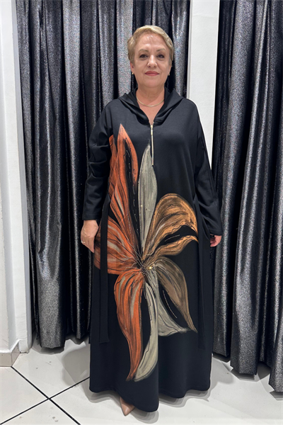 Selma Büyük Beden Yarım Fermuarlı Modern Desenli Kapüşonlu Elbise
