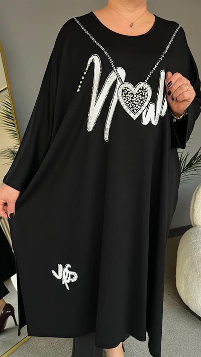 Selma Büyük Beden Yazılı İnci Detaylı Tunik/Elbise