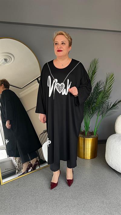 Selma Büyük Beden Yazılı İnci Detaylı Tunik/Elbise