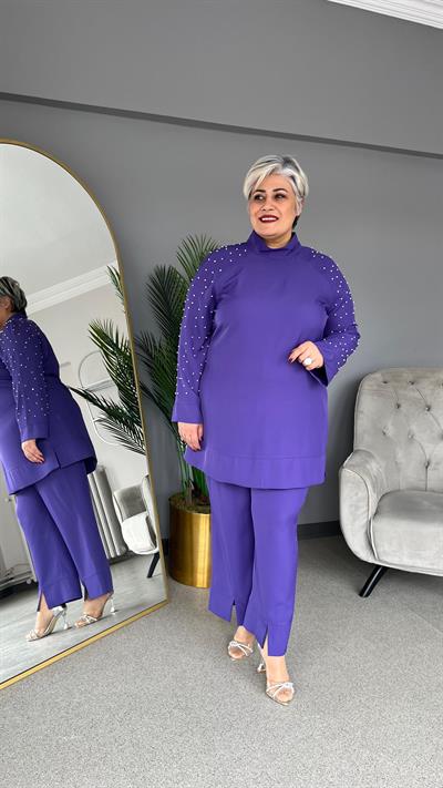 Selma Büyük Beden Yırtmaç Detaylı İncili Takım