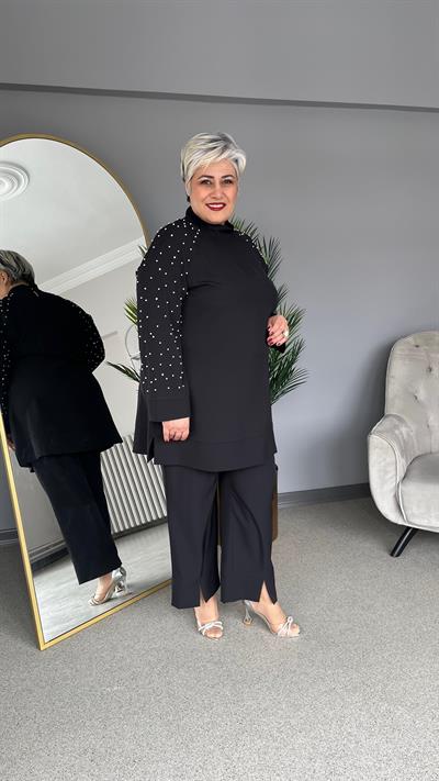 Selma Büyük Beden Yırtmaç Detaylı İncili Takım