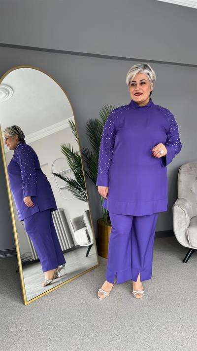 Selma Büyük Beden Yırtmaç Detaylı İncili Takım