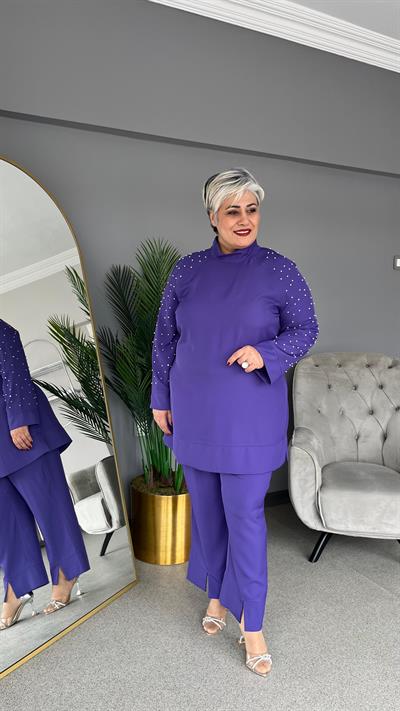 Selma Büyük Beden Yırtmaç Detaylı İncili Takım