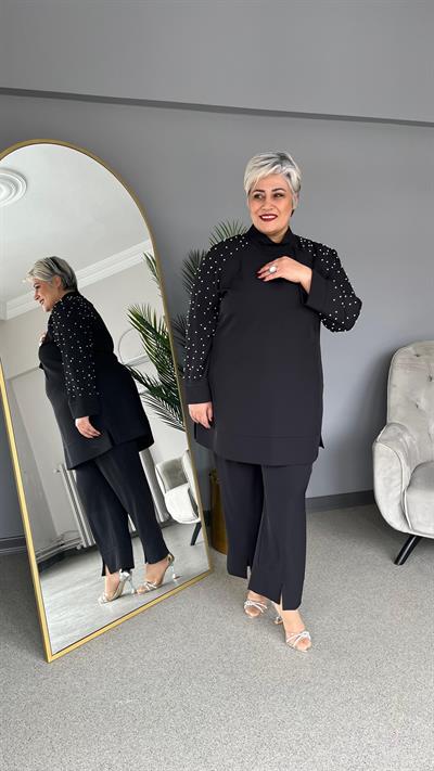 Selma Büyük Beden Yırtmaç Detaylı İncili Takım