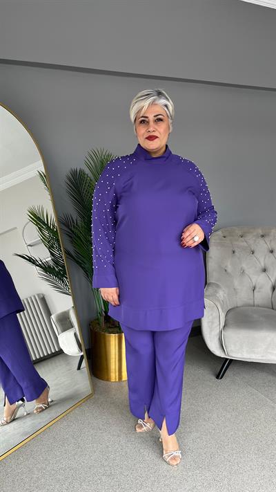 Selma Büyük Beden Yırtmaç Detaylı İncili Takım