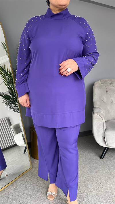 Selma Büyük Beden Yırtmaç Detaylı İncili Takım