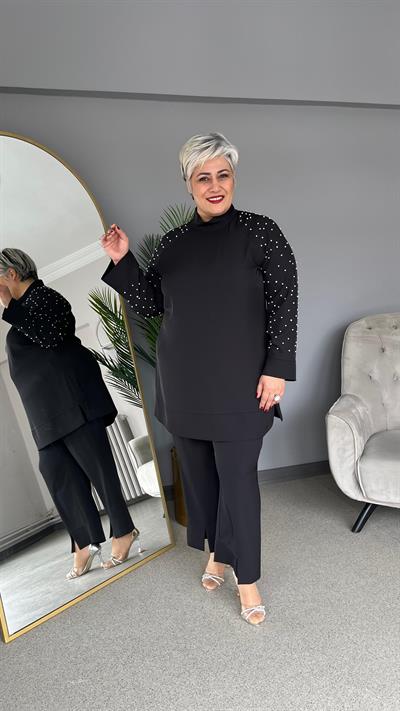 Selma Büyük Beden Yırtmaç Detaylı İncili Takım